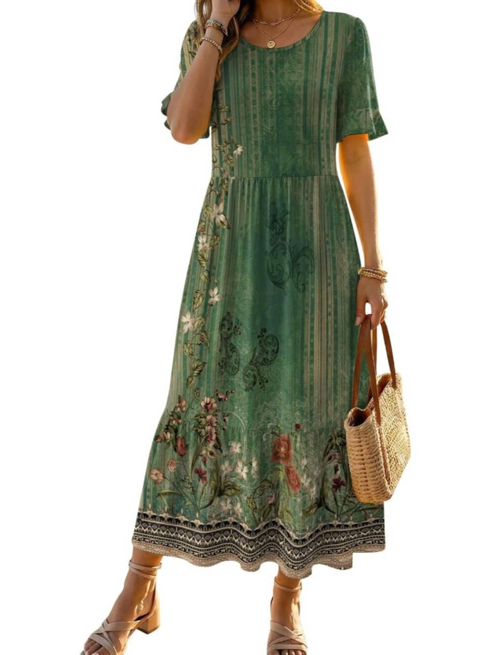 Women's Green Casual Midi Dress Crew Neck Ruffle Short Sleeve Tiered Sundress